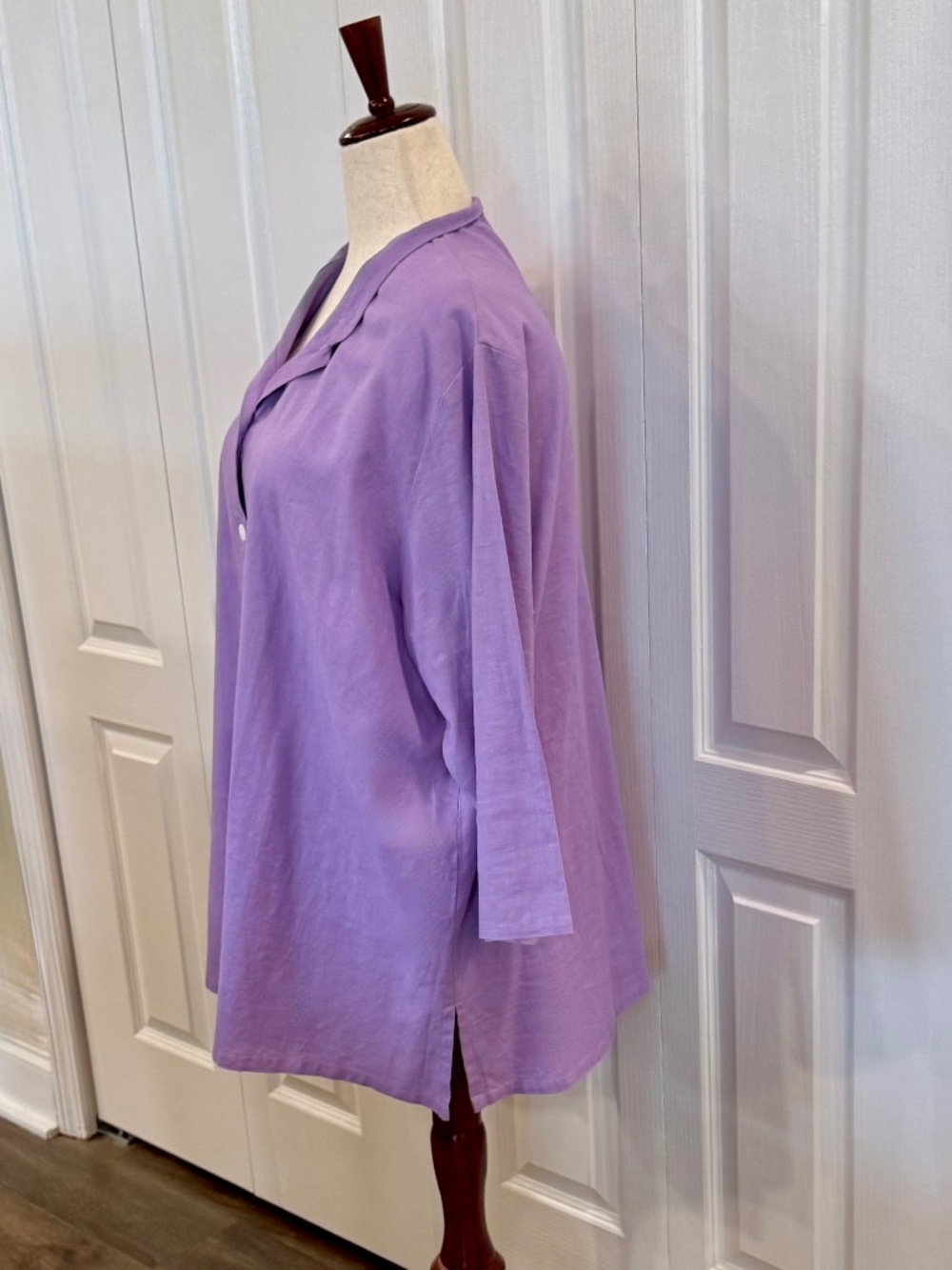 NWOT Woman's Size 1X Linen-Cotton Button Up Tunic by Denim & Co, Purple, 3/4 Slv